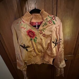 Free People Gold and Red Bomber Jacket with Intricate Embroidery